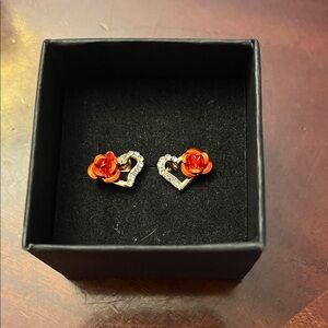 18K Rose Gold Plated Rose PaveHeart Stud Earrings with Crystal Accents.